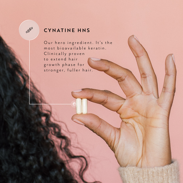 Hand holding two capsules; overlaid 'CYNATINE HNS' text and note about bioavailable keratin for stronger, fuller hair.