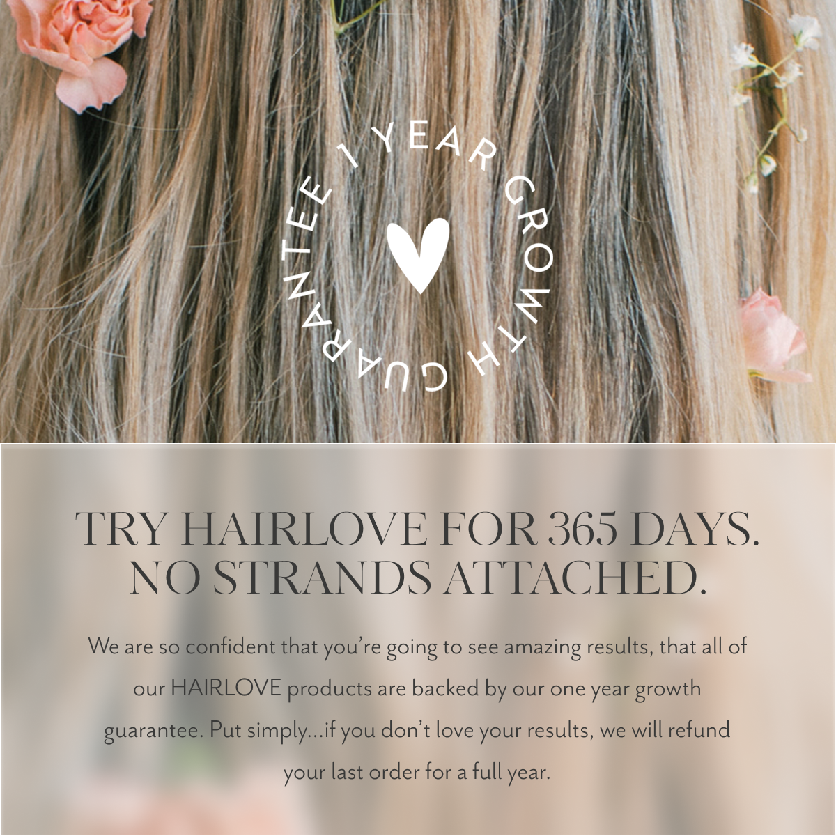 Close-up of long blonde hair with a circular '1 YEAR GROWTH GUARANTEE' badge and small floral accents.