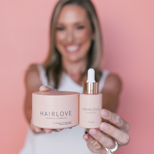 HAIRLOVE GROWTH COMPLEX (60 capsules | 30 day supply dietary supplement) and HAIRLOVE scalp serum (1 fl oz (30 ml)) held