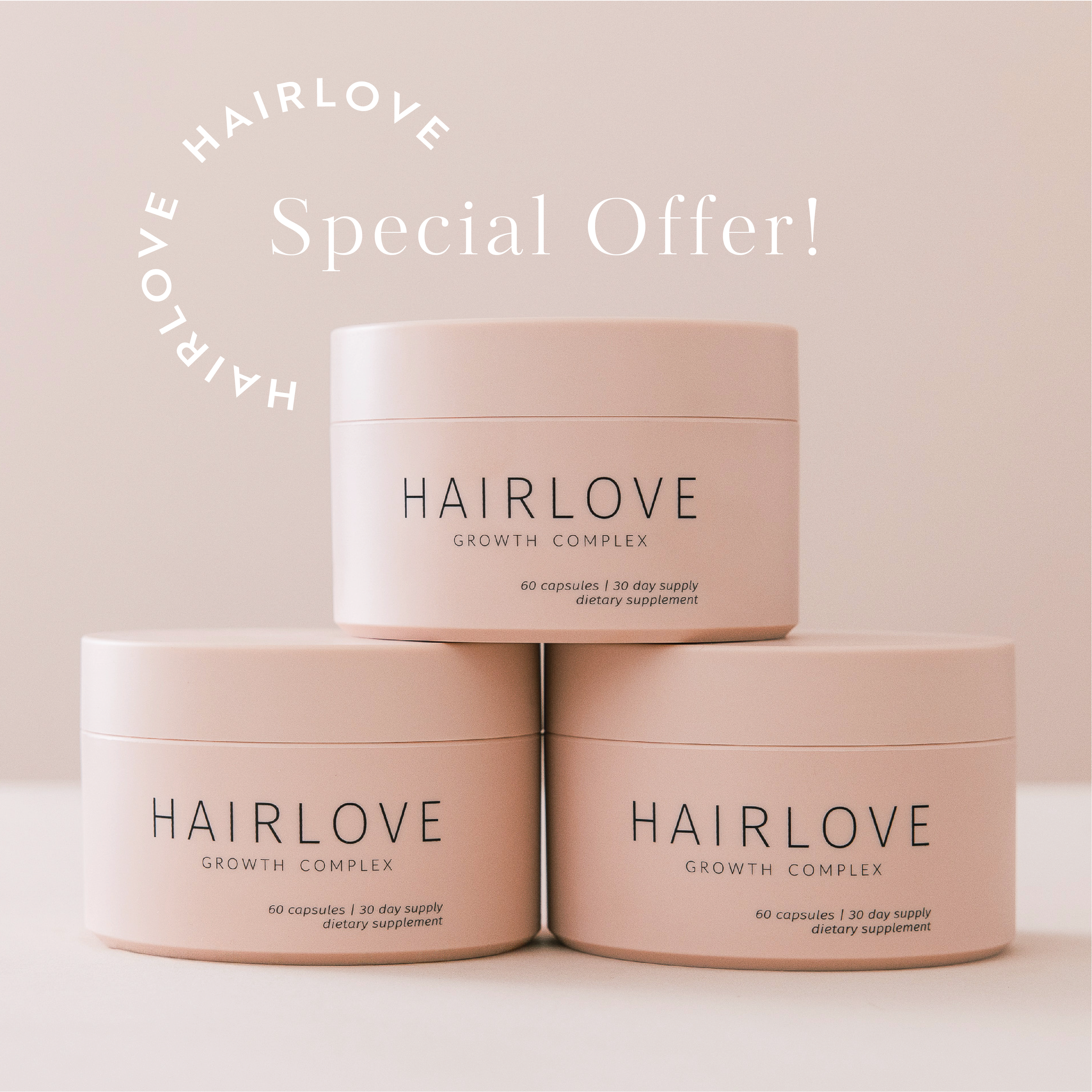 Three containers of HAIRLOVE Growth Complex with a special offer text.