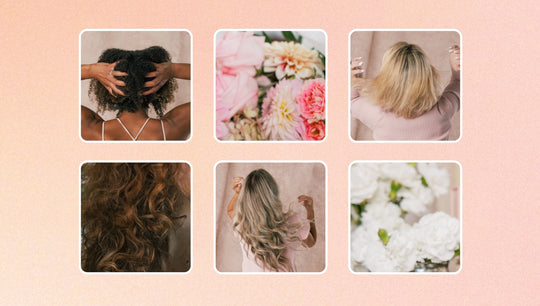 Six photos of different hair types and spring flowers arranged in rounded squares on a soft peach background