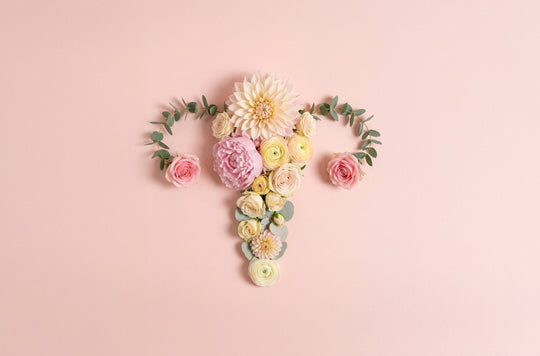 Flower arrangement shaped like a uterus on a pale pink background, symbolic of reproductive health