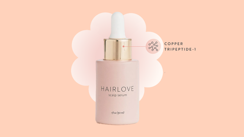 Front view of HAIRLOVE scalp serum bottle with dropper and gold cap, callout Copper tripeptide-1 on peach background