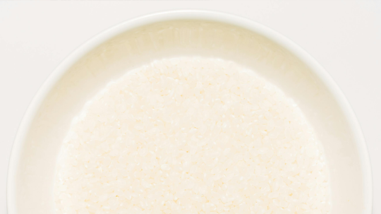 Top-down view of a shallow white bowl filled with uncooked white rice on a pale background