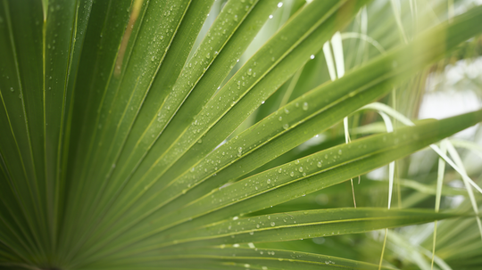 Close-up of a saw palmetto fan palm leaf showing water droplets in soft natural light