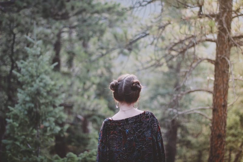 Woman seen from behind with hair in two buns standing in a sunlit pine forest