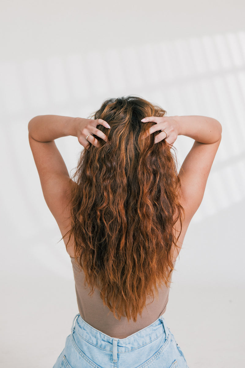 Back view of person lifting long wavy brown hair to show frizz and dry texture in a neutral studio setting