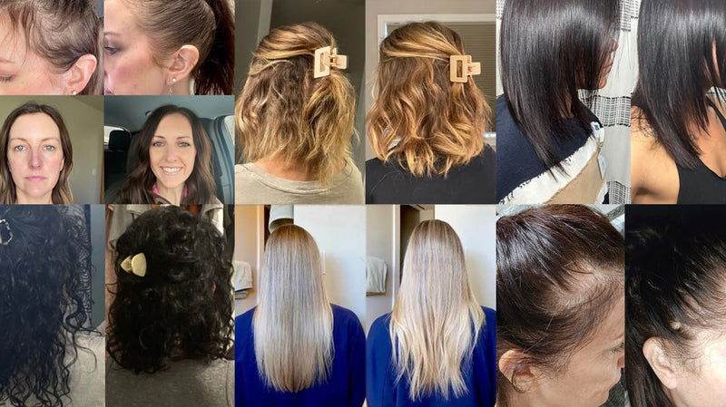 Collage of before-and-after photos showing women’s hair regrowth and improved thickness after using Growth Complex