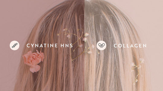 Back of blonde hair with small flowers, split to compare labels Cynatine HNS and Collagen with icons