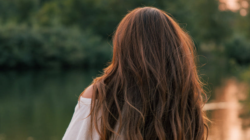 Woman with long brown hair viewed from behind, standing outdoors near a body of water with trees in the background at sunset.