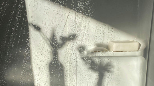 Soap bar on a wet bathtub ledge, water droplets on glass, and a plant's shadow cast across the surface.