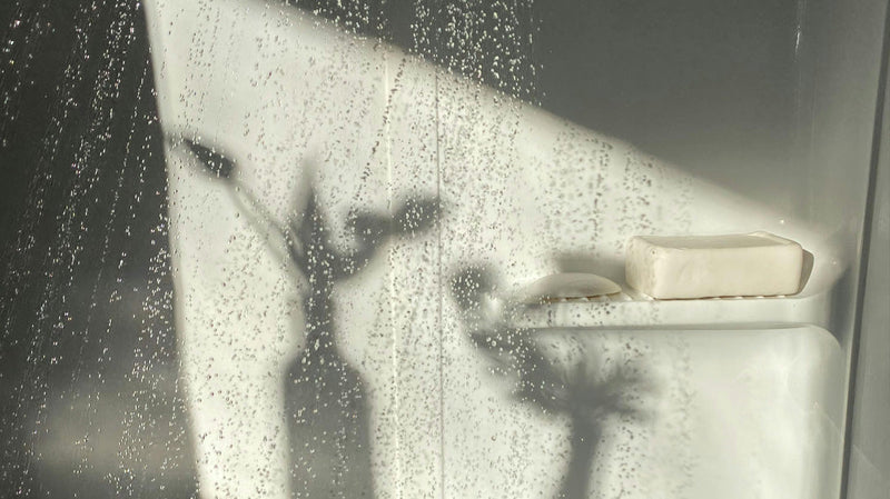 Soap bar on a wet bathtub ledge, water droplets on glass, and a plant's shadow cast across the surface.