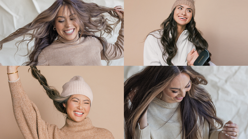 Four smiling women showing healthy hair movement and winter styling against beige and neutral backgrounds