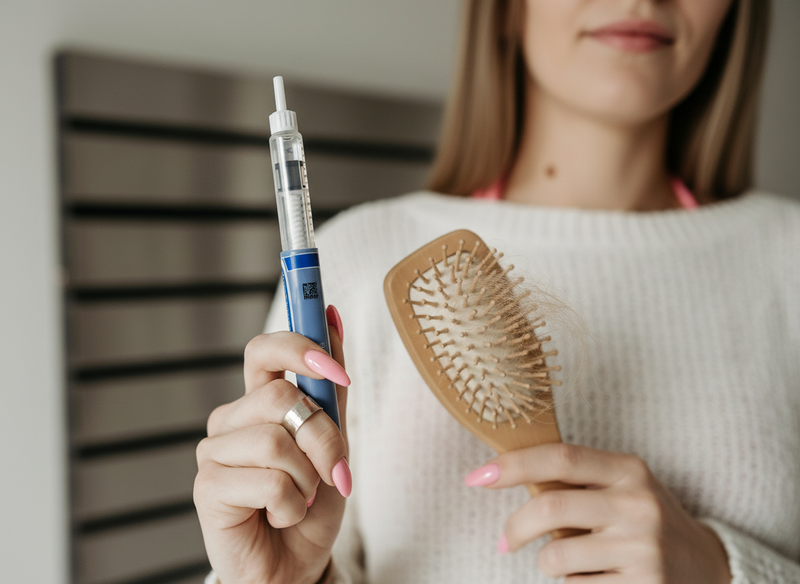 Woman holding an injection pen and a hairbrush with strands of shed hair, illustrating medication-related hair loss