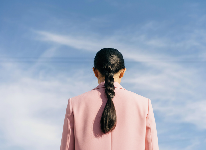 Woman with a tight braided ponytail standing with her back to camera against a blue sky, wearing a pink blazer