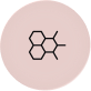 Pink circular badge with black hexagonal chemical-structure icon (benzene-like ring)