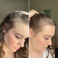 Side-by-side profile photos of a woman with pulled-back hair, rosy blush, and mauve eyeshadow, looking down.