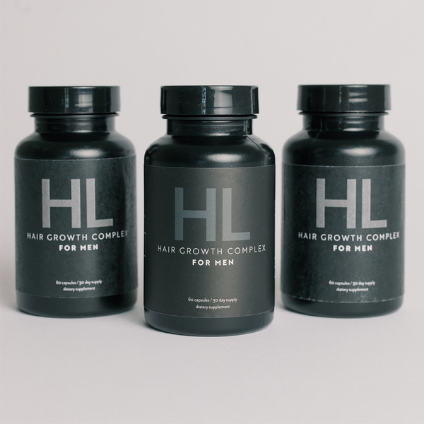 3 black bottles of HAIRLOVE hair growth complex for men, daily hair vitamin