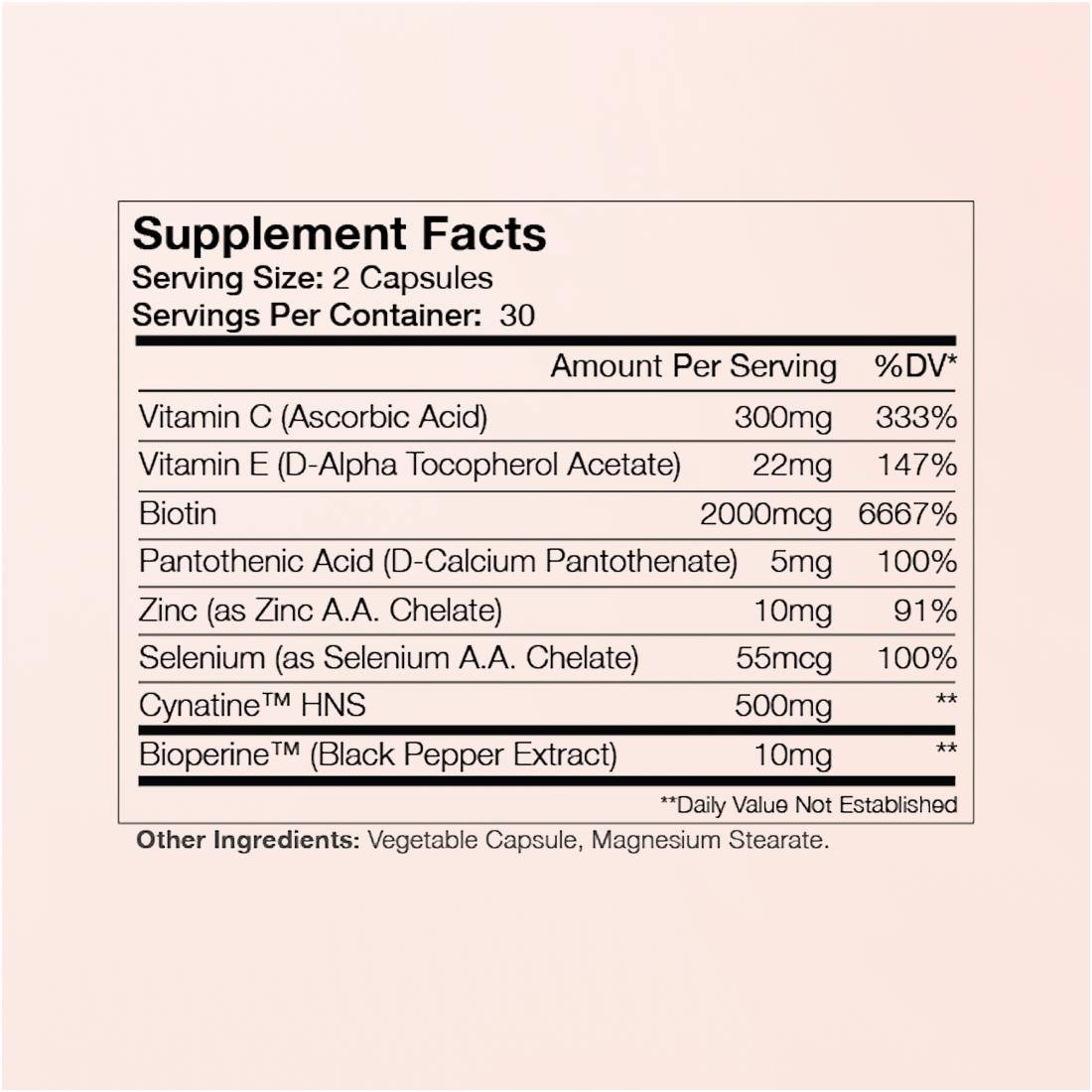 Supplement Facts label: Serving Size 2 capsules; key nutrients and amounts with %DV (Vitamin C, E, Biotin, Zinc)